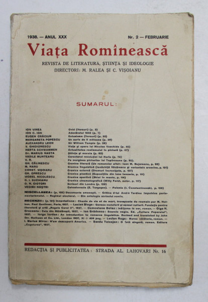 VIATA ROMANEASCA , REVISTA DE LITERATURA , STIINTA SI IDEOLOGIE , ANUL XXX , NR. 2 , FEBRUARIE , 1938