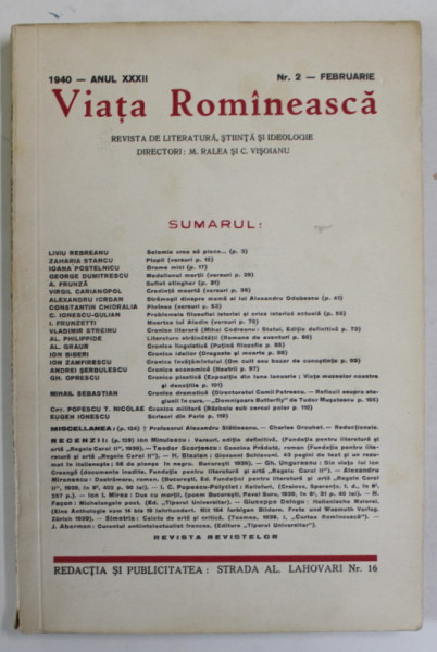 VIATA ROMANEASCA , REVISTA DE LITERATURA , STIINTA SI IDEOLOGIE , ANUL XXXII , NR. 2 , FEBRUARIE , 1940