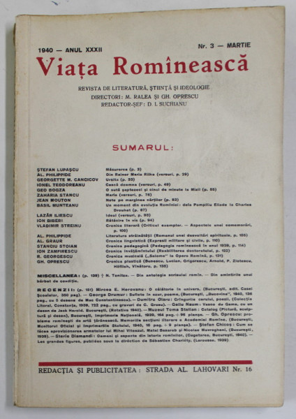 VIATA ROMANEASCA , REVISTA DE LITERATURA , STIINTA SI IDEOLOGIE , ANUL XXXII , NR. 3 , MARTIE  , 1940