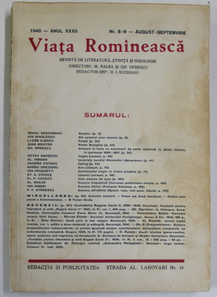 VIATA ROMANEASCA , REVISTA DE LITERATURA , STIINTA SI IDEOLOGIE , ANUL XXXII , NR.8-9  , AUGUST - SEPTEMBRIE , 1940
