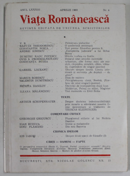 VIATA ROMANEASCA , REVISTA EDITATA DE UNIUNEA SCRIITORILOR , ANUL LXXXIII , NR. 4 , APRILIE 1988