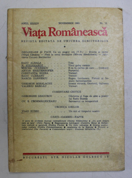 VIATA ROMANEASCA , REVISTA EDITATA DE UNIUNEA SCRIITORILOR , ANUL XXXIV , NR. 11 , NOIEMBRIE , 1981