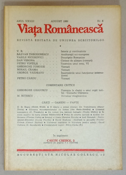VIATA ROMANEASCA , REVISTA EDITATA DE UNIUNEA SCRIITORILOR , NR. 8 , 1980