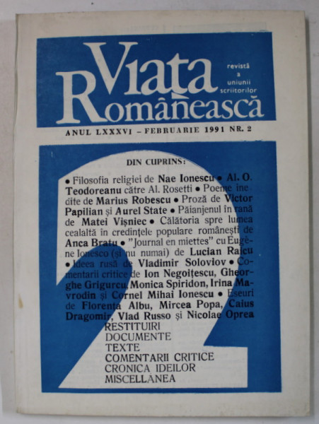 VIATA ROMANEASCA , REVISTA EDITATA DE UNIUNEA SCRIITORILOR , NR.2 , 1991