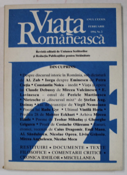 VIATA ROMANEASCA , REVISTA EDITATA DE UNIUNEA SCRIITORILOR , NR.2 , 1994