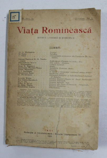 VIATA ROMANEASCA , REVISTA LITERARA SI STIINTIFICA , ANUL XII , NR. 9 , OCT . 1920