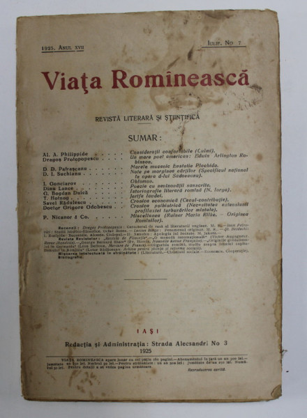 VIATA ROMANEASCA - REVISTA LITERARA SI STIINTIFICA , ANUL XVII , NR. 7 , IULIE , 1925