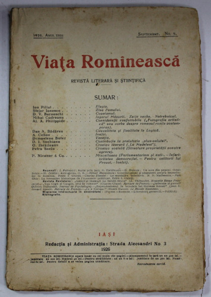 VIATA ROMANEASCA , REVISTA LITERARA SI STIINTIFICA , ANUL XVIII , NO. 9 , SEPTEMBRIE , 1926