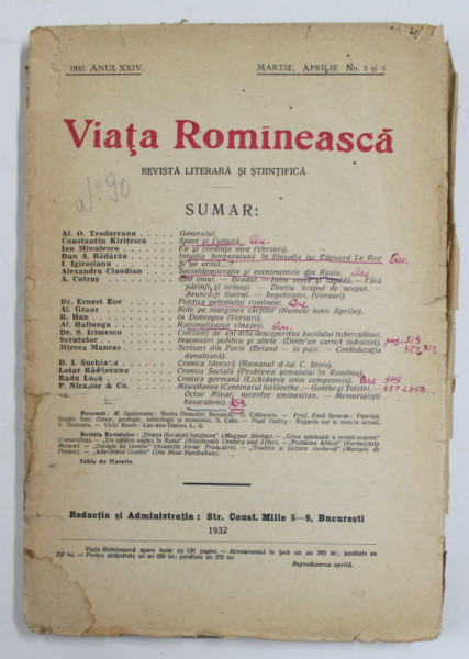 VIATA ROMANEASCA , REVISTA LITERARA SI STIINTIFICA , ANUL XXIV , NR. 3-4 , MARTIE - APRILIE , 1932 , PREZINTA SUBLINIERI , INSEMNARI , PETE SI URME DE UZURA
