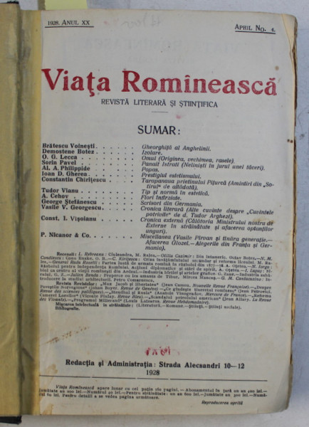VIATA ROMANEASCA - REVISTA LITERARA SI STIINTIFICA APRILIE NR. 4 , ANUL XX 1928 / IULIE SI AUGUST NR. 7 SI 8
