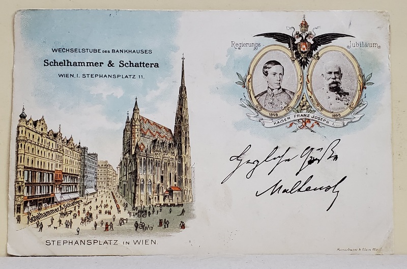 VIENA , STEPHANSPLATZ , SI DOUA  PORTETE ALE KAISERULUI FRANZ JOSEPH , JUBILEUL DOMNIEI , CROMOLITOGRAFIE , TIP CARTE POSTALA , CLASICA , 1898