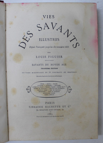 VIES DES SAVANTS ILLUSTRES par LOUIS FIGUIER - PARIS, 1883