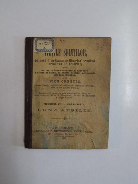 VIETILE SFINTILOR PE CARI - I PRAZNUESCE BISERICA CRESTINA ORTODOXA DE RESARIT , VOL. VIII - CARTICICA I , LUNA APRILIE , 1905