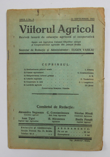 VIITORUL AGRICOL - REVISTA LUNARA DE EDUCATIE AGRICOLA SI COOPERATIVA , ANUL I , NR. 4 , 15 SEPTEMBRIE 1923
