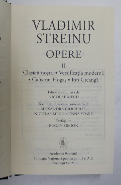 VLADIMIR STREINU , OPERE , VOLUMUL II , 2021 , EDITIE DE LUX PE HARTIE DE BIBLIE SI LEGATURA DE PIELE *