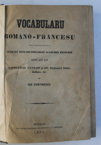 VOCABULARU ROMANO-FRANCESU de ION COSTINESCU  BUCURESCI 1870
