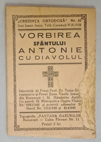 VORBIREA SFANTULUI ANTONIE CU DIAVOLUL de TOMA GHERASIMESCU si VASILE IONESCU , 1940