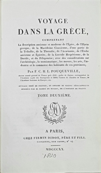 VOYAGE DANS LA GRECE par F. C. H. L. POUQUEVILLE, TOME II - PARIS, 1820