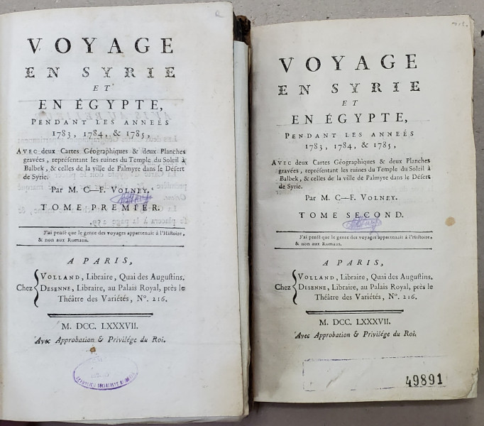 VOYAGE EN SYRIE ET EGYPTE PENDANT LES ANNEES 183, 1784, 1785 par M. C. F. VOLNEY, 2 VOL. - PARIS, 1787