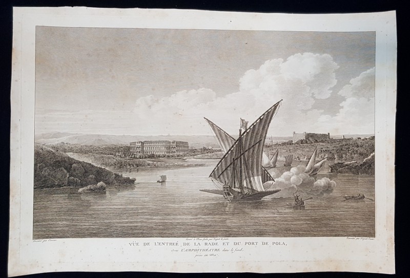 VUE DE L'ENTREE DE LA RADE ET DU PORT DE POLA , PULA , CROATIE , CROATIA - GRAVURA ORIGINALA, 1802