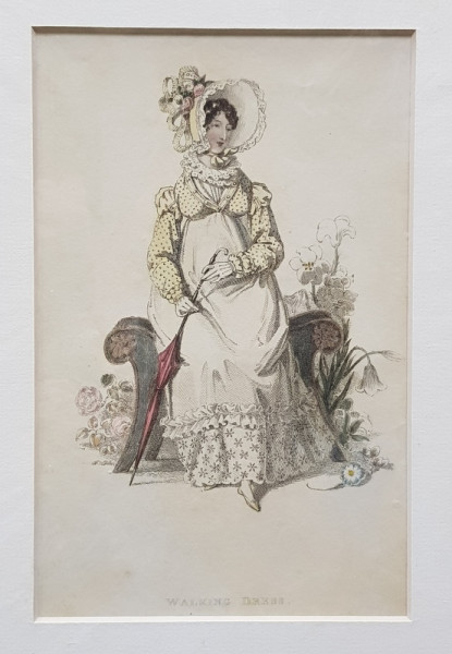 WALKING DRESS , DOAMNA CU ROCHIE , PALARIE SI UMBRELUTA , GRAVURA COLORATA MANUAL , DATATA 1819