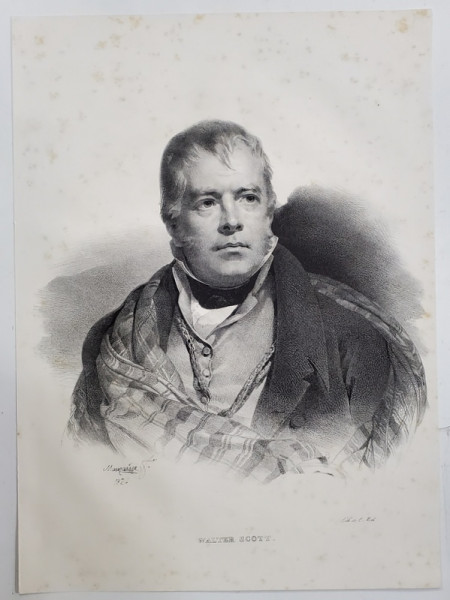 WALTER SCOTT , SCRIITOR SCOTIAN , LITOGRAFIE , DESEN de MAUZAISSE , litografiat de C. MOTTE , 1826