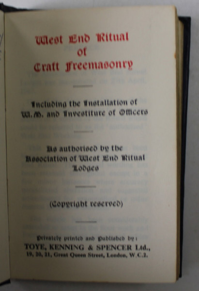 WEST END RITUAL OF CRAFT FREEMASONRY , ANII '70