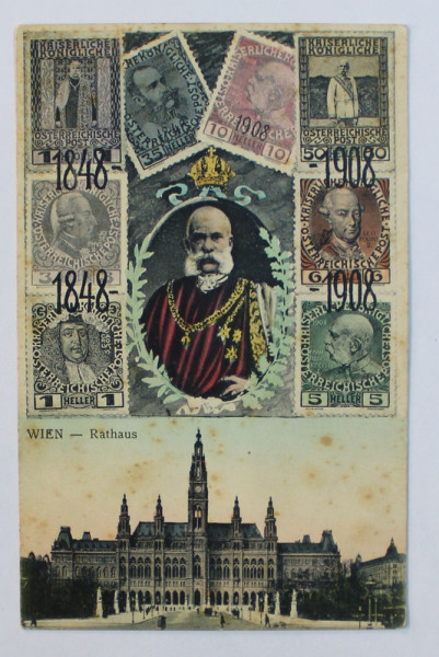 WIEN - RATHAUS - VIENA  - PRIMARIA 1848 - 198 , CARTE POSTALA ILUSTRATA , COLAJ FOTOGRAFIC, POLICROMA , NECIRCULATA , DATATA 1908