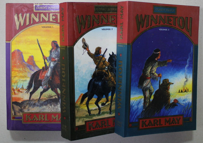 WINNETOU de KARL MAY , VOLUMELE I - III , ilustratii IAN GABRIEL , 2007 , PREZINTA PETE SI  HALOURI DE APA *