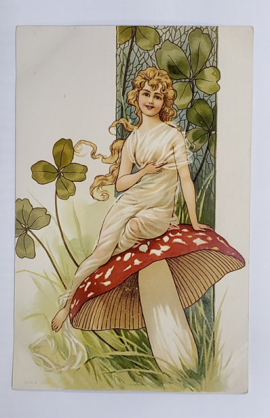 ZANA PE CIUPERCA , CROMOLITOGRAFIE ART- NOUVEAU , TIP CARTE POSTALA , CLASICA