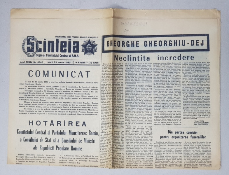Ziarul 'Scinteia' , Anul 34, Nr. 6567, Marti 23 Martie 1965, Omagiu lui Gheorghe Gheorghiu - Dej