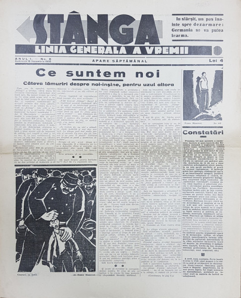 Ziarul 'STANGA' LINIA GENERALA A VREMII, ANUL I, No. 6, Duminica 18 Decembrie 1932