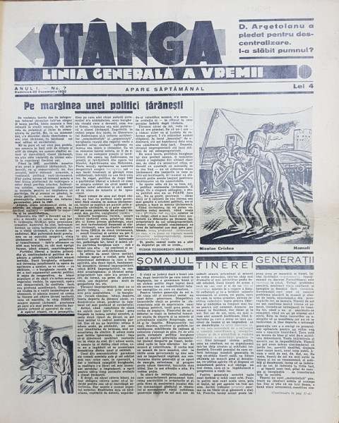 Ziarul 'STANGA' LINIA GENERALA A VREMII, ANUL I, No. 7, Duminica 25 Decembrie 1932