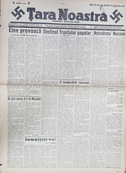 ZIARUL TARA NOASTRA, ANUL XV, No. 1240, Sambata 26 Septembrie 1936