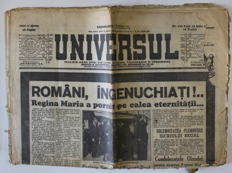 ZIARUL ' UNIVERSUL ' , NUMAR DEDICAT FUNERARIILOR M.S. REGALE REGINA MARIA A ROMANIEI , LUNI , 22 IULIE 1938