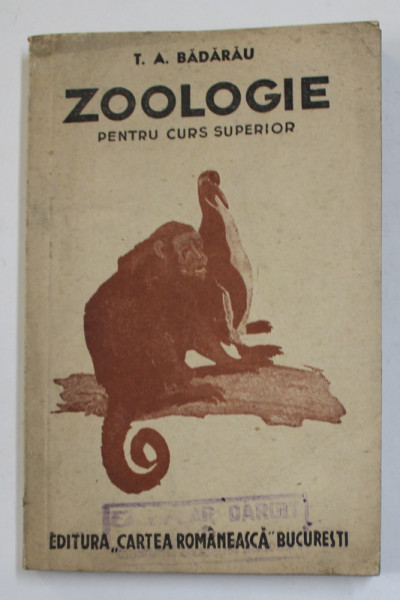 ZOOLOGIE , MANUAL PENTRU CURS SUPERIOR de T.A. BADARAU , 1947 , COPERTA CU PETE SI URME DE UZURA
